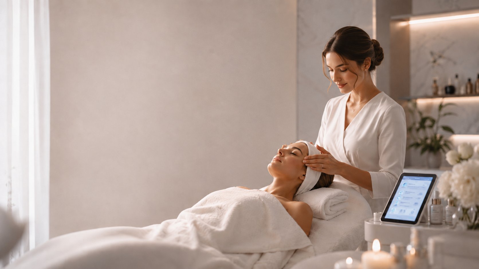 Ruhige Behandlung im Beauty-Studio mit Sonora-Tablet im Hintergrund
